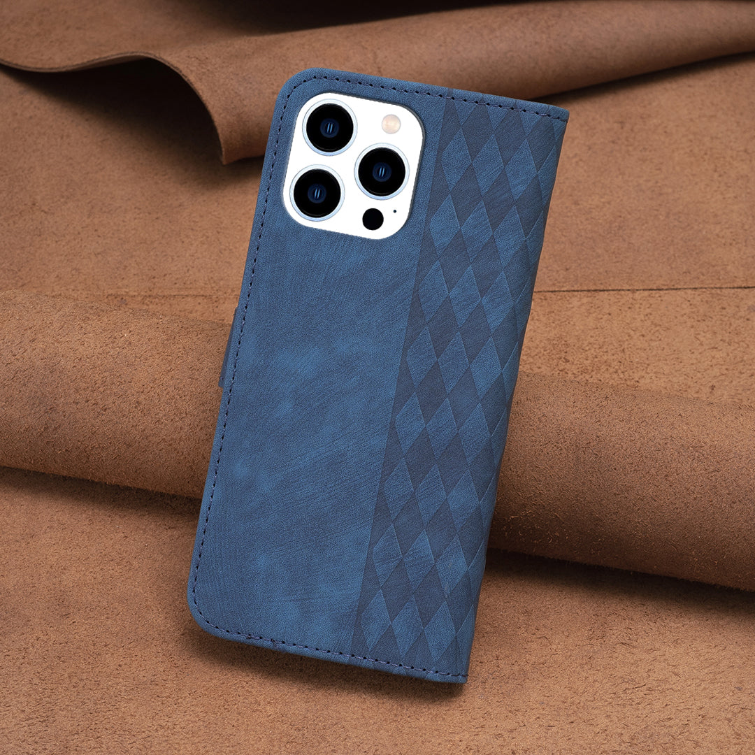Uniqkart for iPhone 15 Pro Mobile Phone Stand Case Wallet Imprinted Rhombus PU Leather Anti-drop Phone Cover - Blue Uniqkart for iPhone 15 Pro Mobile Phone Stand Case Wallet Imprinted Rhombus PU Leather Anti-drop Phone Cover - Blue